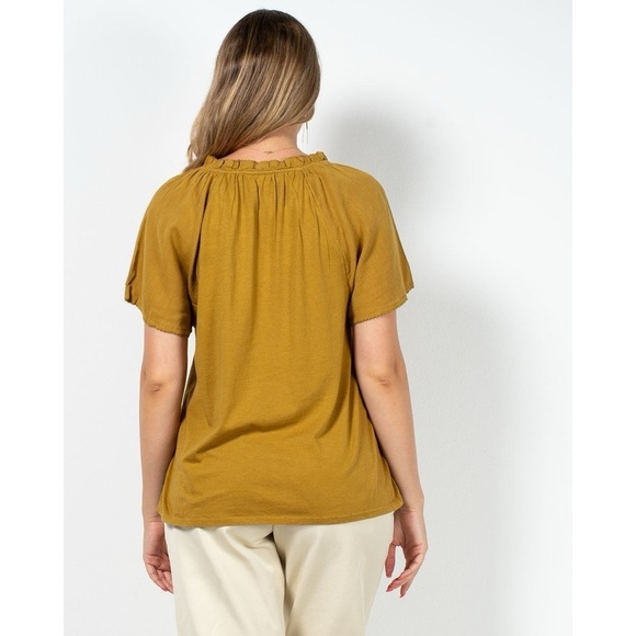 J.Jill | Floral Embroidered Flowy Yellow Gold Ruffle Collar Tee Medium Boho - Picture 2 of 10